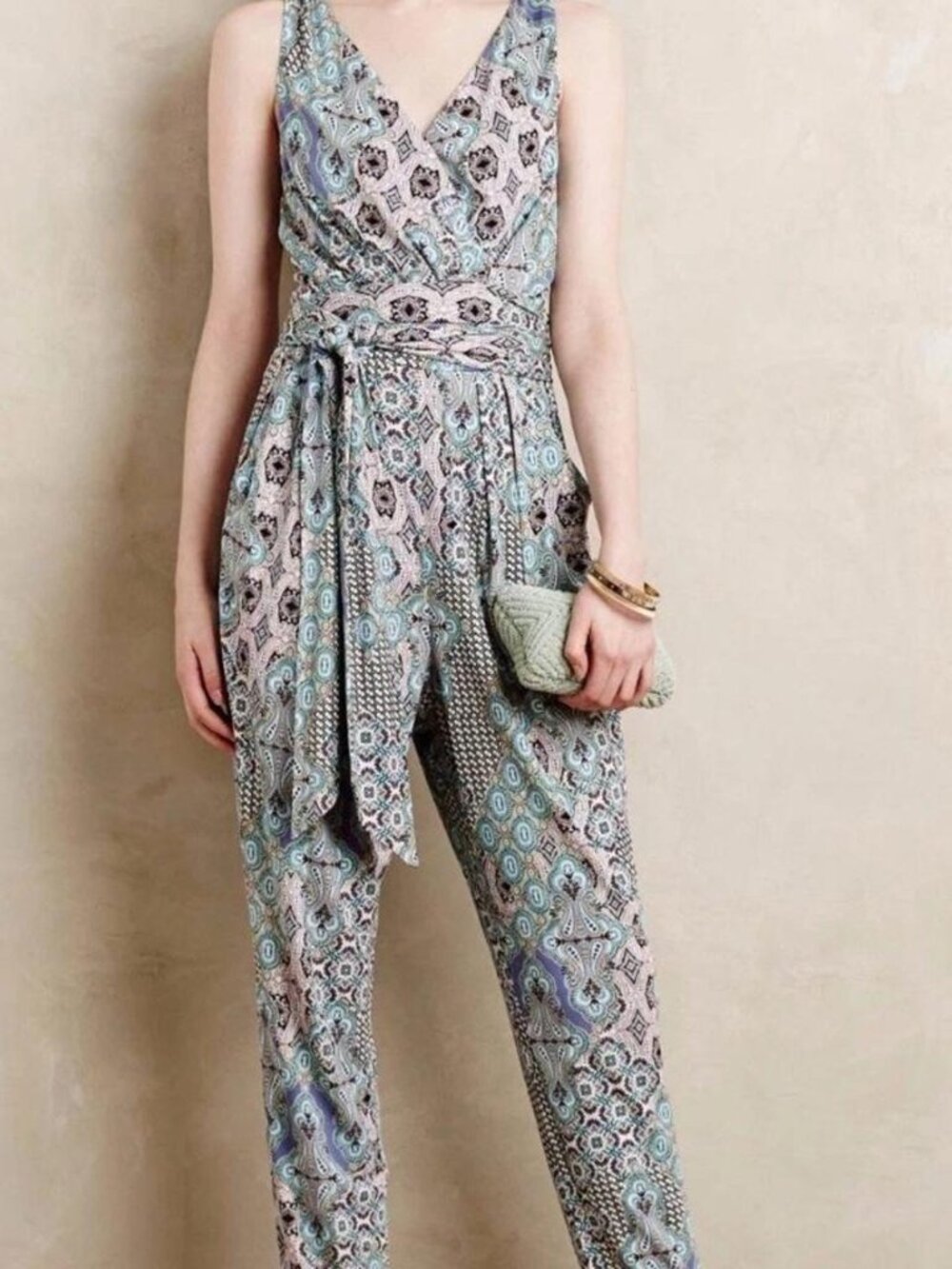 Elevenses By Anthropologie Antilles Belted Jumpsuit One-Piece Paisley Festival